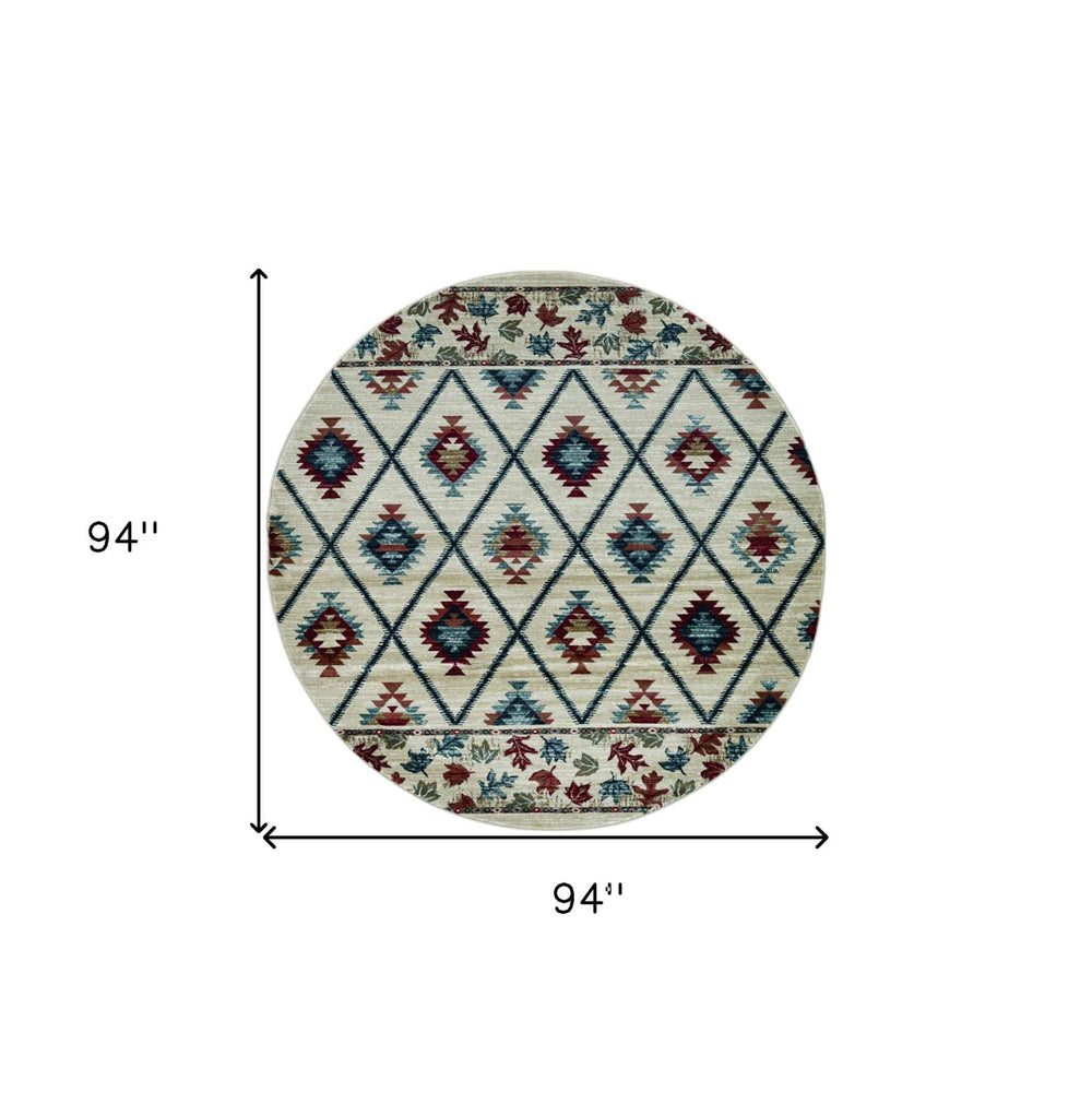 8' Ivory Machine Woven Geometric Lodge Round Indoor Area Rug - Homeroots - Flyclothing LLC