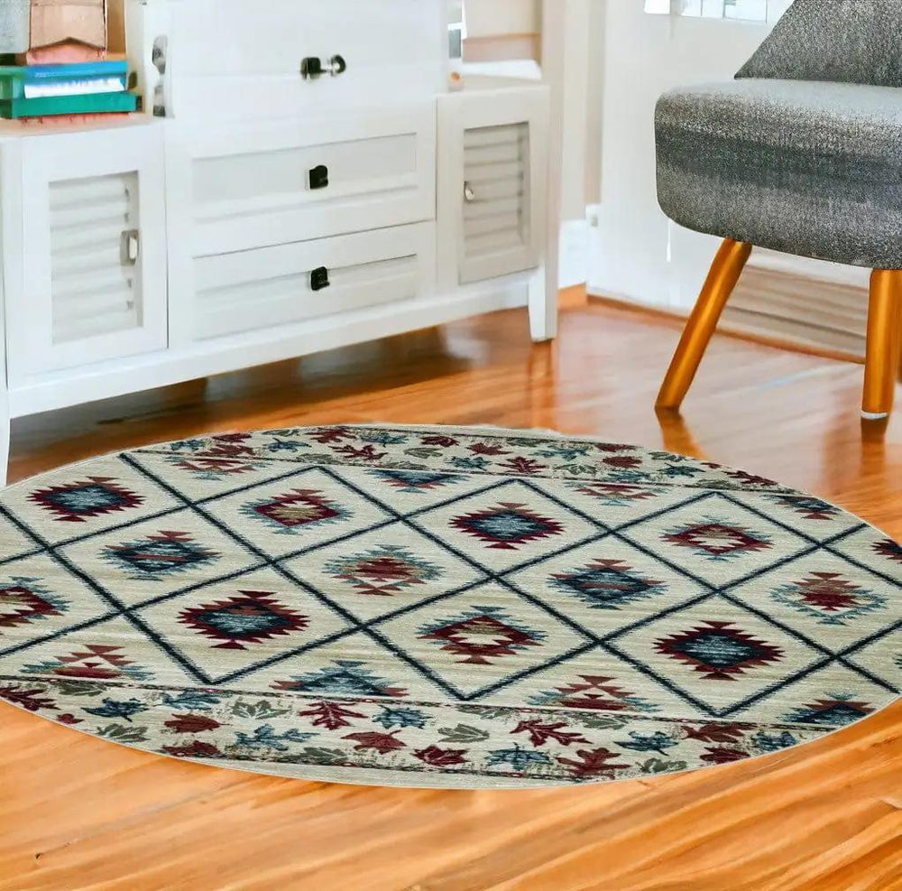 8' Ivory Machine Woven Geometric Lodge Round Indoor Area Rug - Homeroots