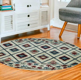 8' Ivory Machine Woven Geometric Lodge Round Indoor Area Rug - Homeroots