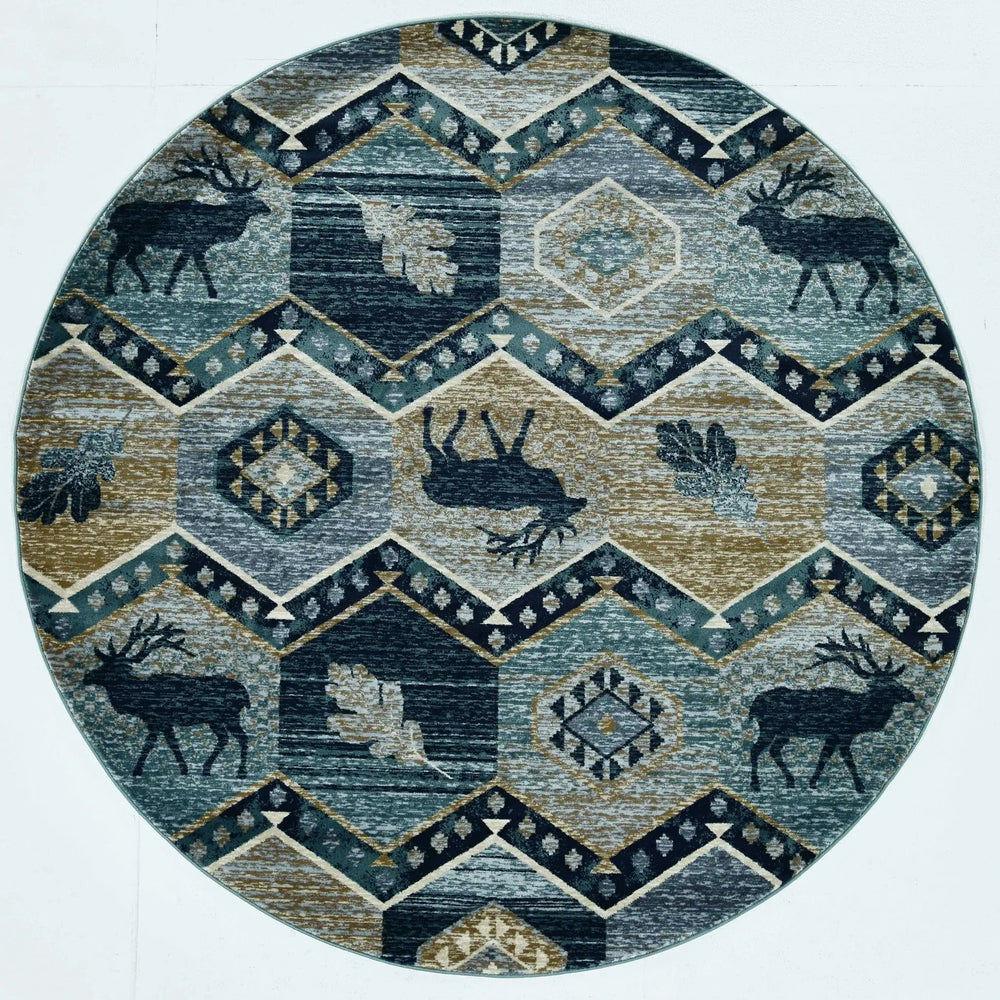8' Blue And Green Round Geometric Area Rug - Homeroots