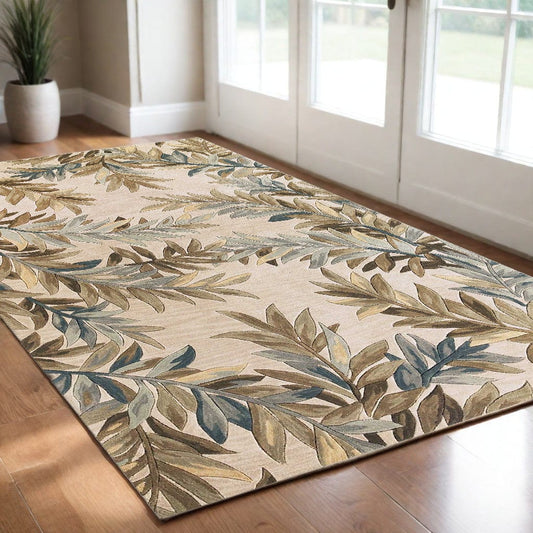 3' X 5' Ivory Tropical Leaves Wool Indoor Area Rug