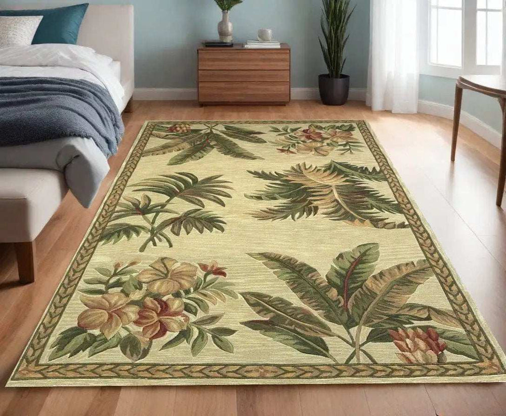 4' X 6' Ivory and Green Tropical Botanical Hand Tufted Area Rug - Homeroots - Flyclothing LLC