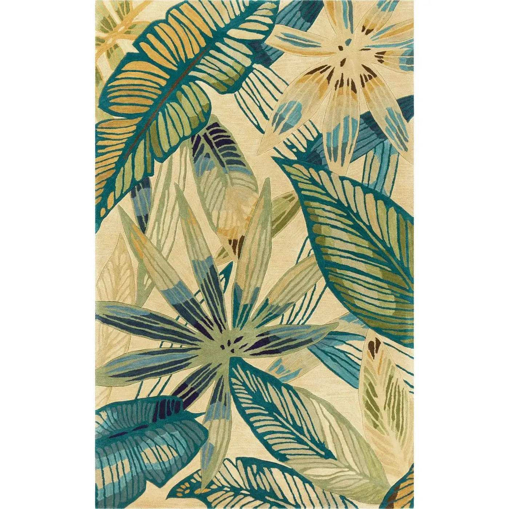 3' X 5' Ivory Or Teal Tropical Leaves Wool Indoor Area Rug - Homeroots - Flyclothing LLC