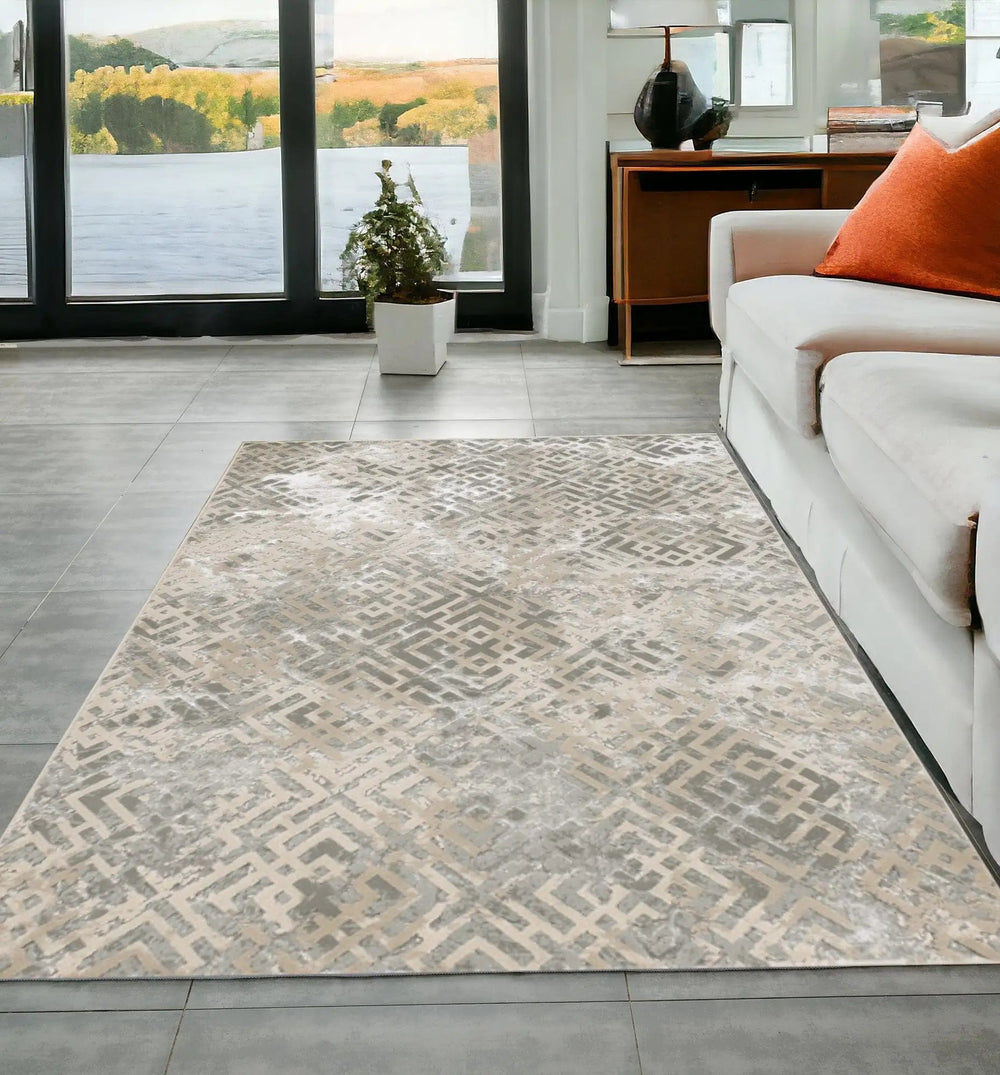 5' X 8' Sand Silver Geometric Maze Pattern Indoor Area Rug - Homeroots