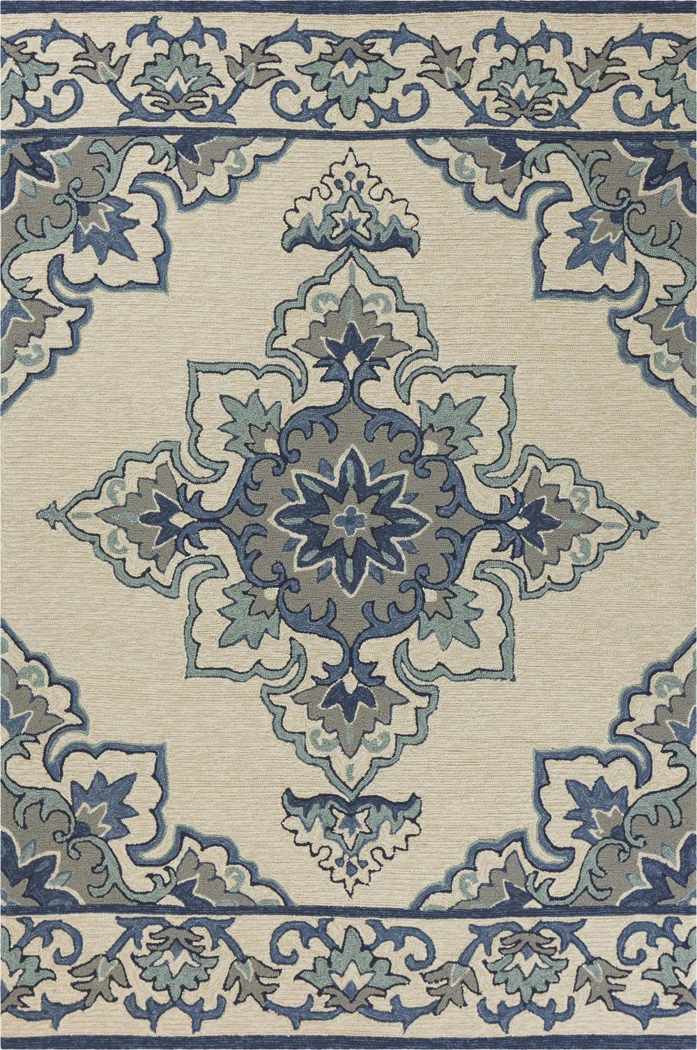 5' X 8' Ivory and Blue Damask Handmade Indoor Outdoor Area Rug - Homeroots - Flyclothing LLC