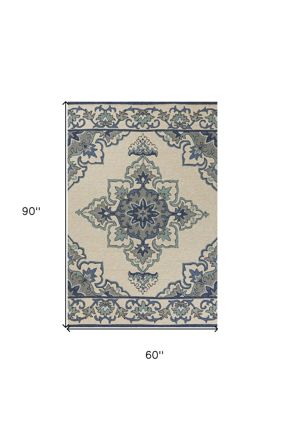 5' X 8' Ivory and Blue Damask Handmade Indoor Outdoor Area Rug - Homeroots - Flyclothing LLC