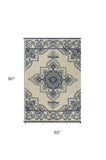 5' X 8' Ivory and Blue Damask Handmade Indoor Outdoor Area Rug - Homeroots