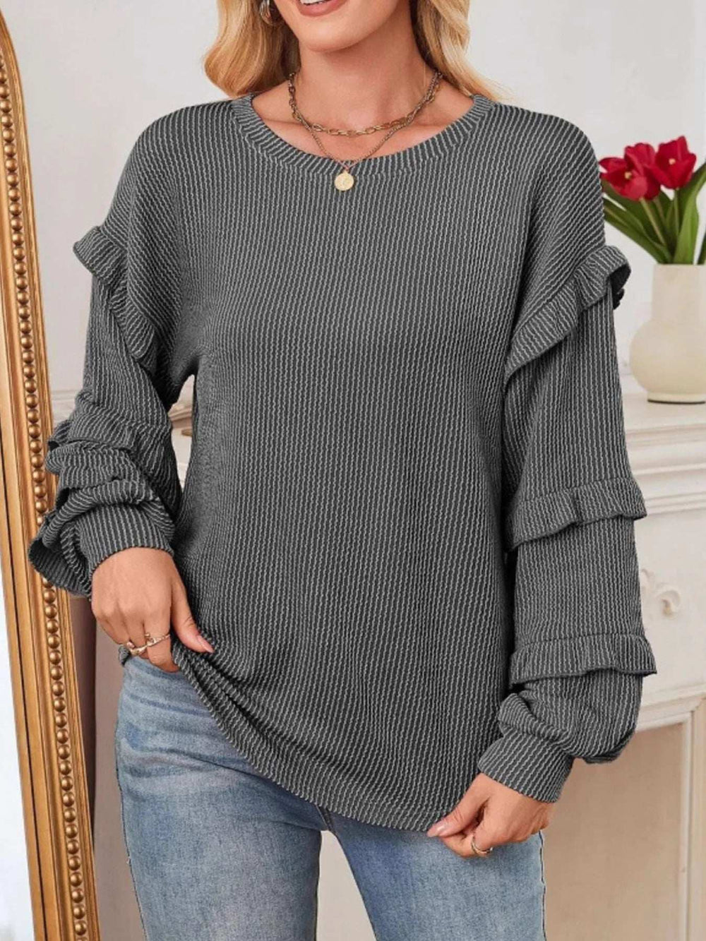 Ruffled Round Neck Long Sleeve Sweatshirt - Trendsi - Flyclothing LLC