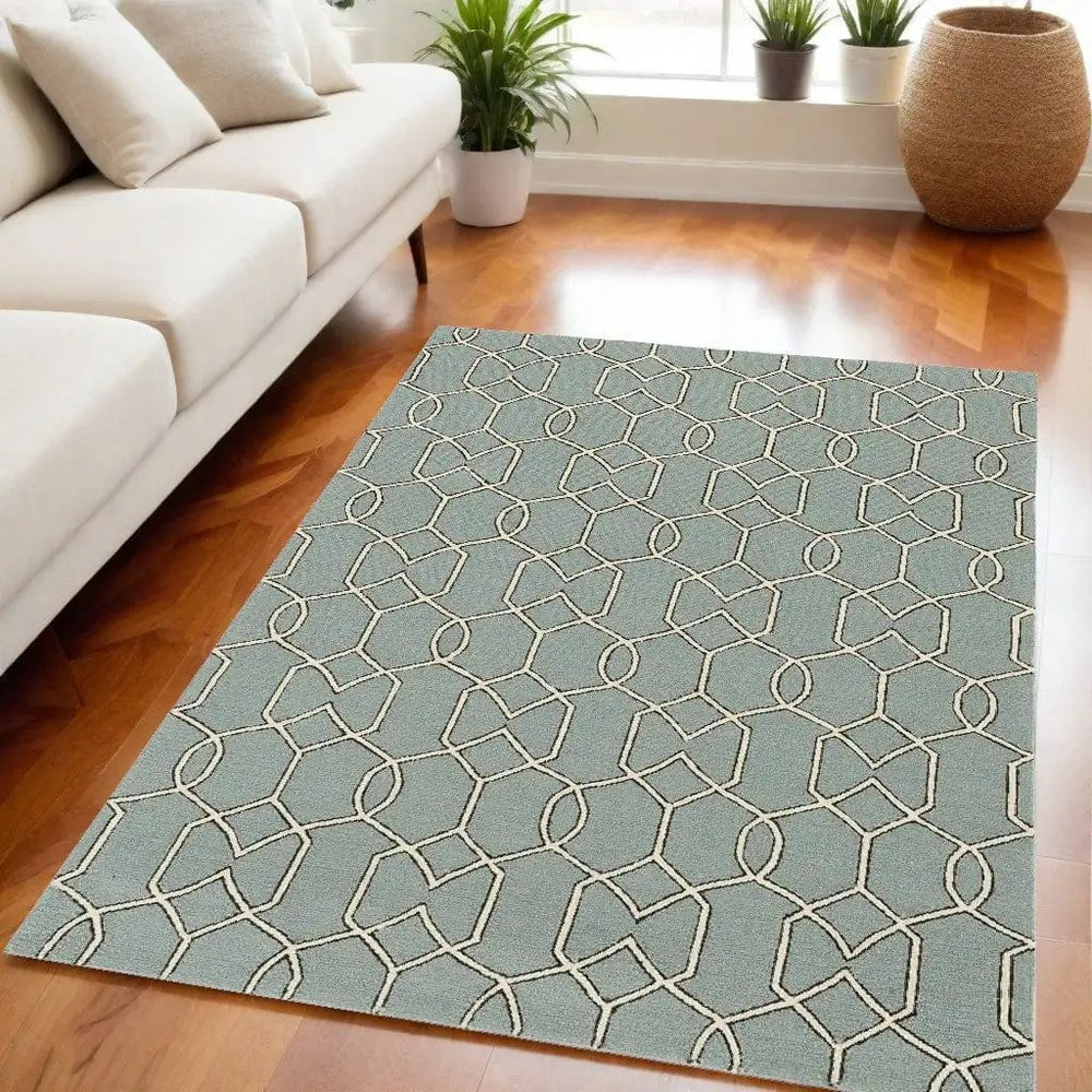 5' X 7' Green and Ivory Geometric Hand Hooked Area Rug - Homeroots