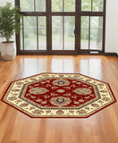 7' Red and Ivory Floral Octagon Rug - Homeroots