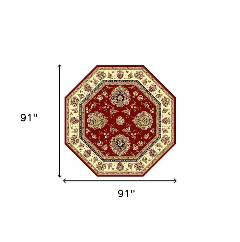 7' Red and Ivory Floral Octagon Rug - Homeroots - Flyclothing LLC