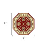 7' Red and Ivory Floral Octagon Rug - Homeroots