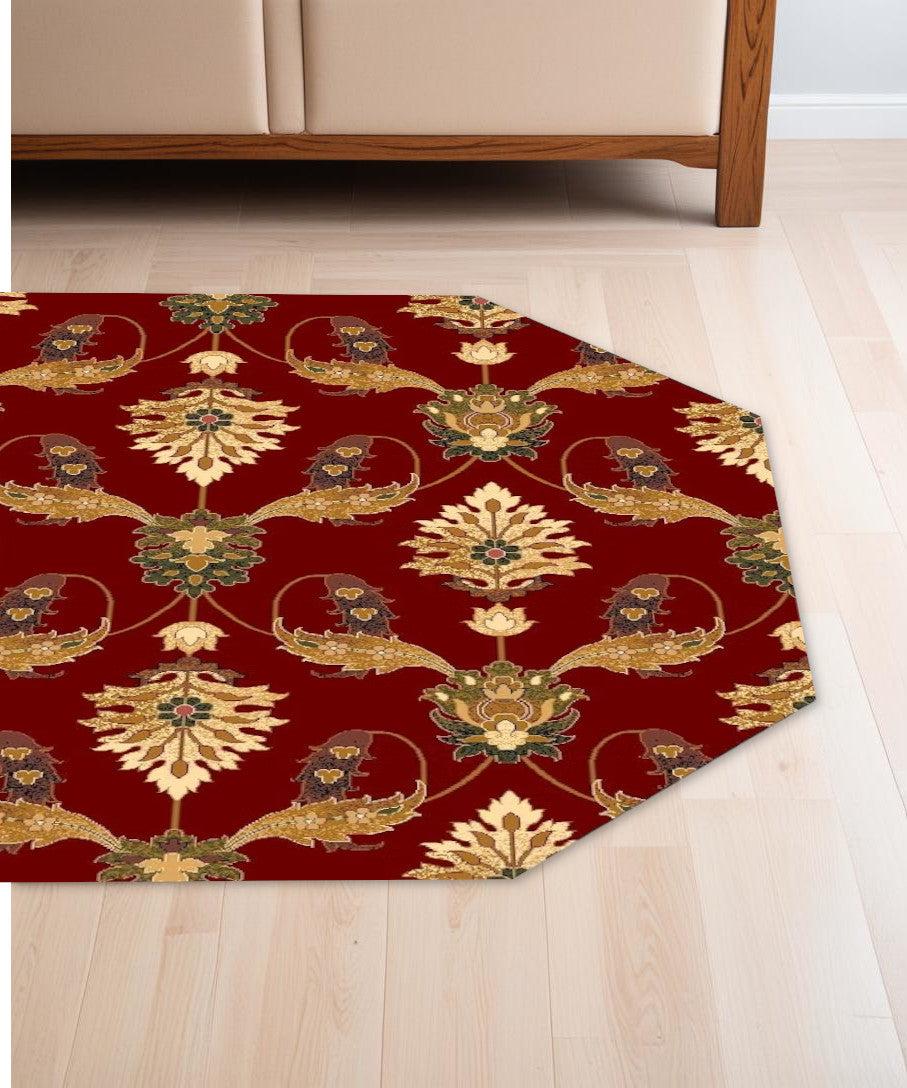 7' Octagon Red Floral Vines Indoor Area Rug - Homeroots