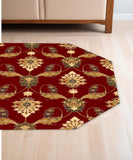 7' Octagon Red Floral Vines Indoor Area Rug - Homeroots