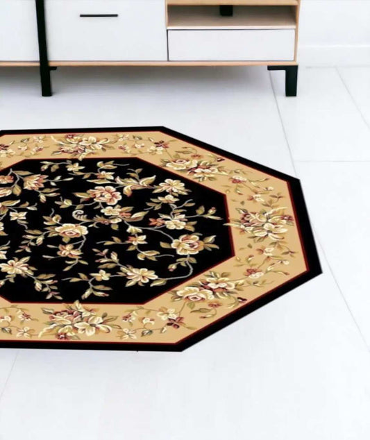 7' Octagon Black Or Beige Floral Bordered Indoor Area Rug - Homeroots - Flyclothing LLC