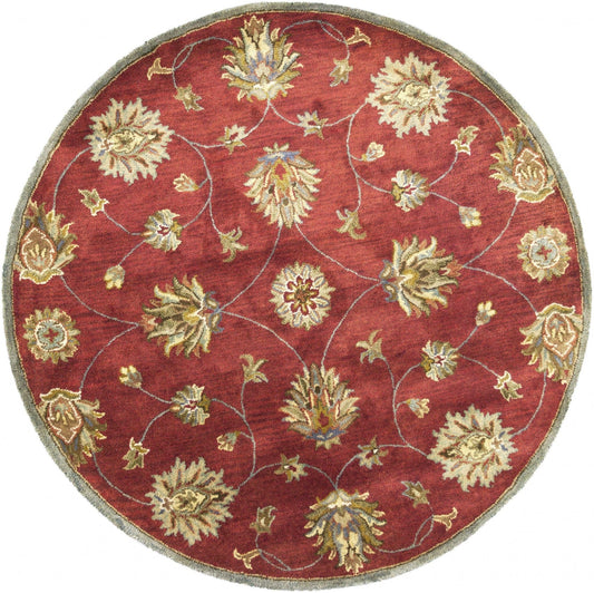 5' Round Red Floral Vine Wool Indoor Area Rug - Homeroots
