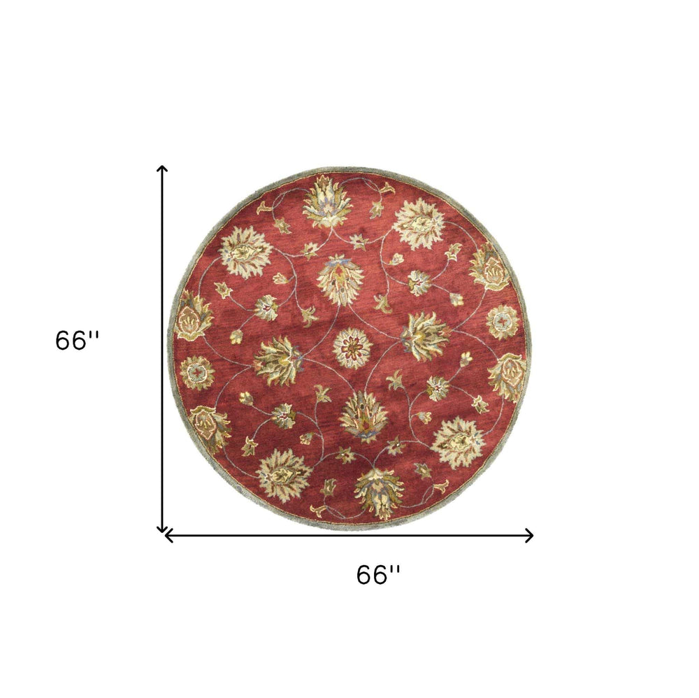 5' Round Red Floral Vine Wool Indoor Area Rug - Homeroots - Flyclothing LLC