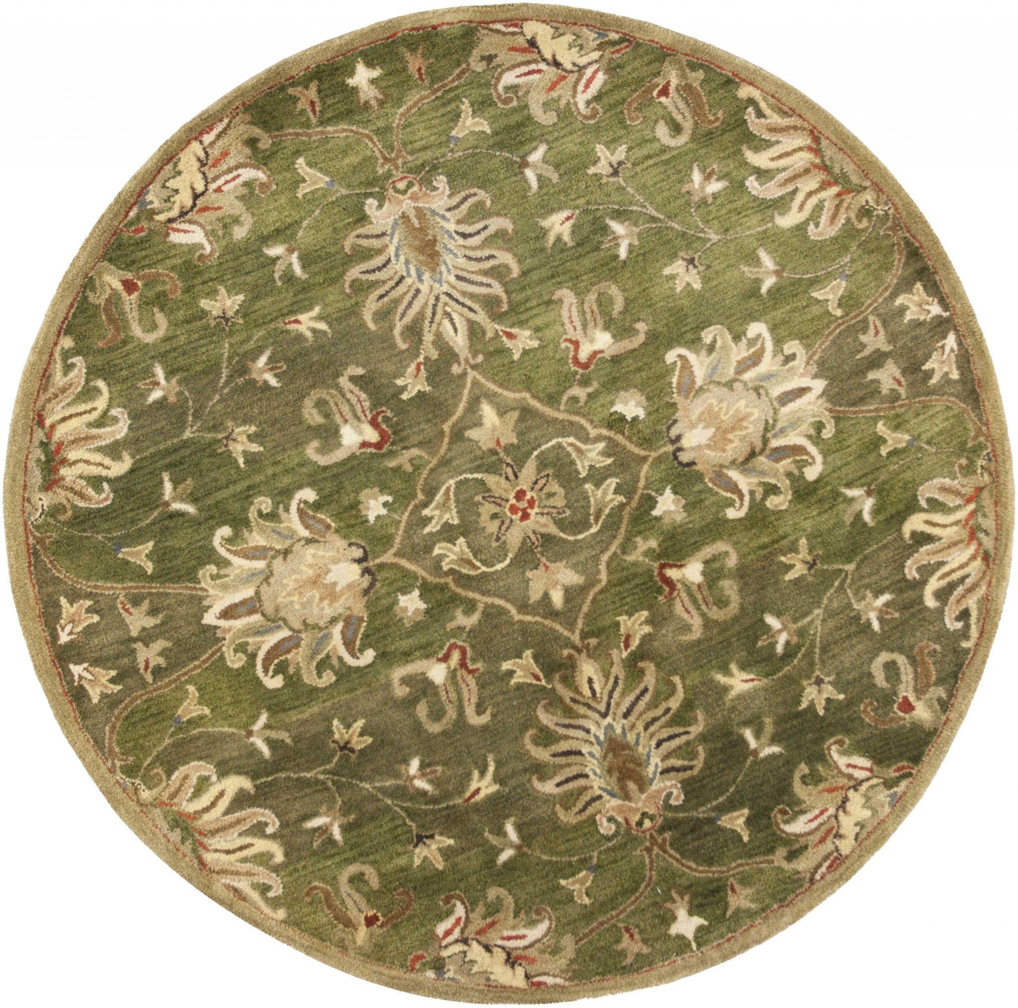 5' Round Emerald Green Floral Vine Wool Indoor Area Rug - Homeroots