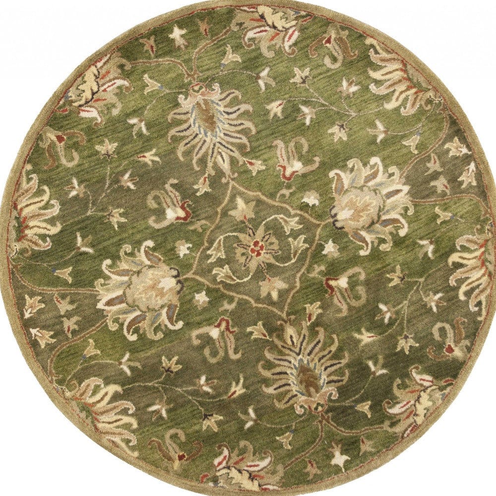 5' Round Emerald Green Floral Vine Wool Indoor Area Rug - Homeroots