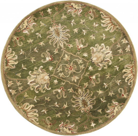 5' Round Emerald Green Floral Vine Wool Indoor Area Rug - Homeroots