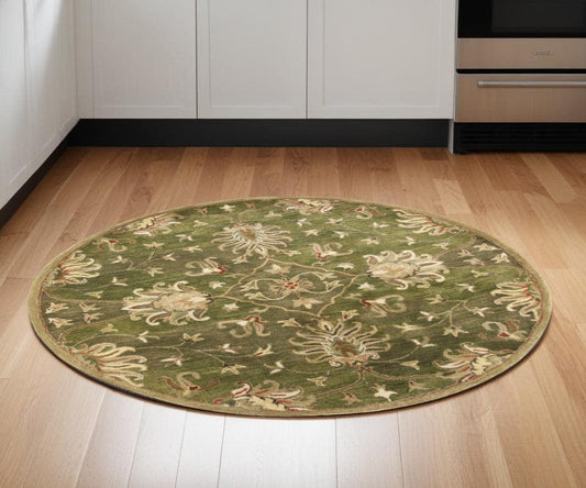 5' Round Emerald Green Floral Vine Wool Indoor Area Rug - Homeroots