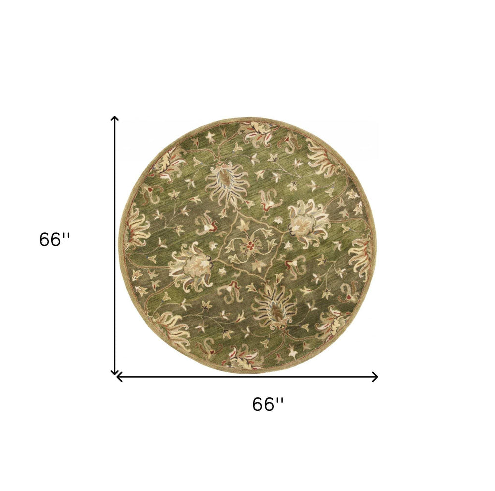 5' Round Emerald Green Floral Vine Wool Indoor Area Rug - Homeroots - Flyclothing LLC