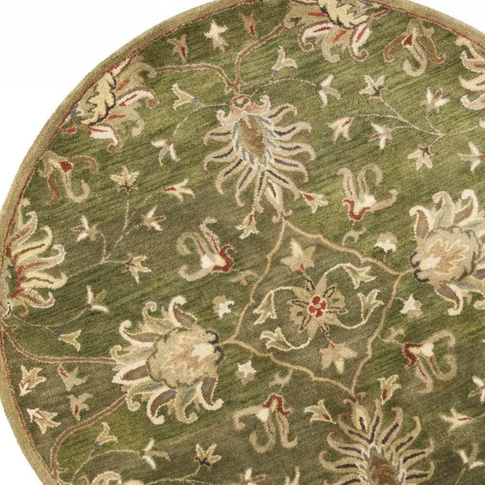 5' Round Emerald Green Floral Vine Wool Indoor Area Rug - Homeroots - Flyclothing LLC