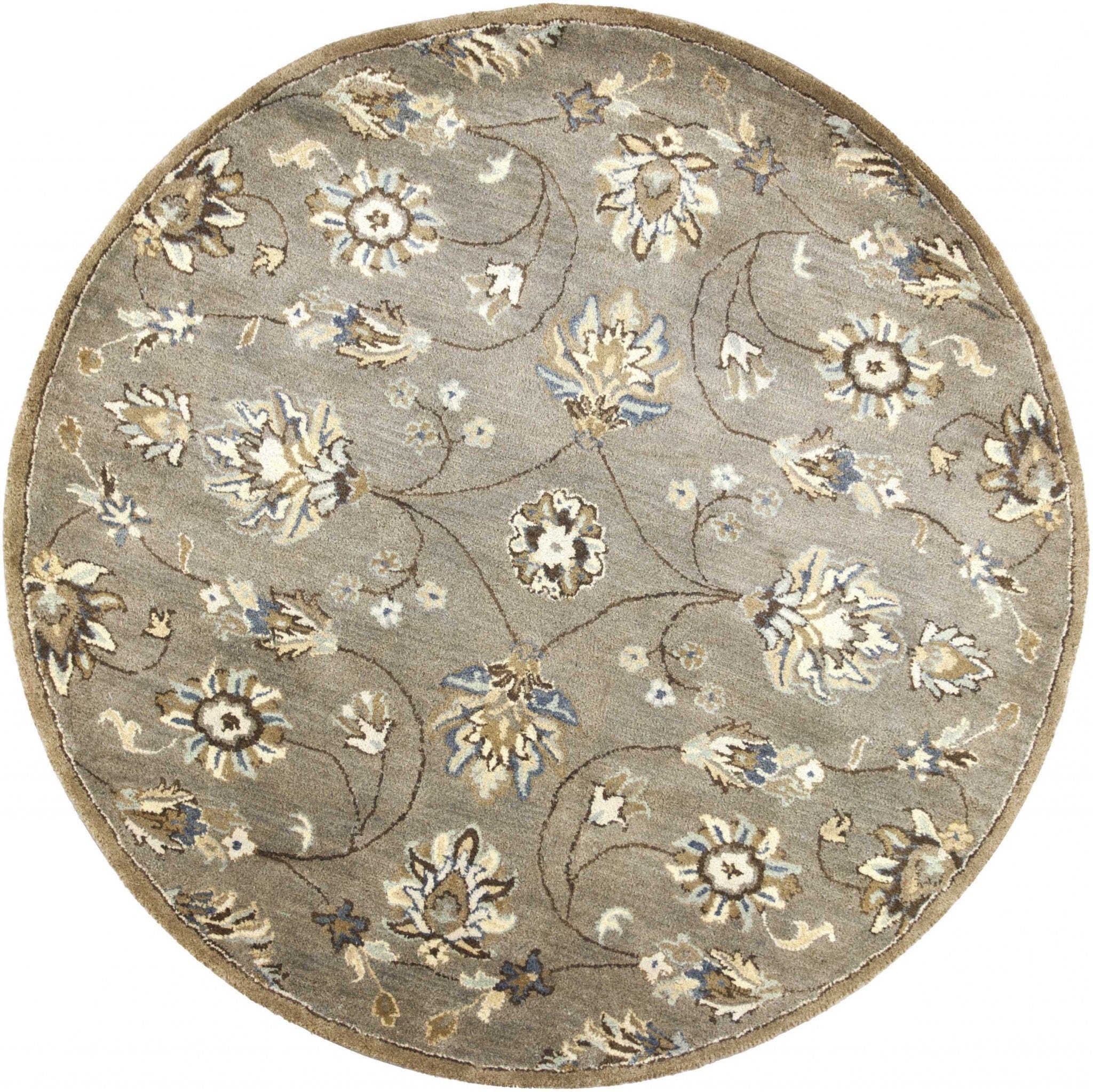 5' Round Grey Floral Vine Wool Indoor Area Rug - Homeroots