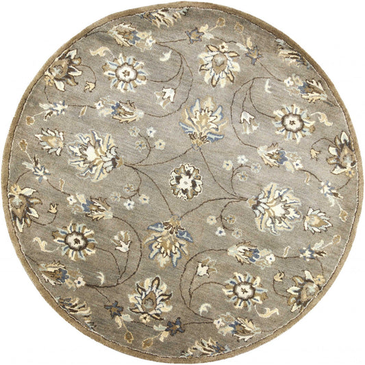 5' Round Grey Floral Vine Wool Indoor Area Rug - Homeroots
