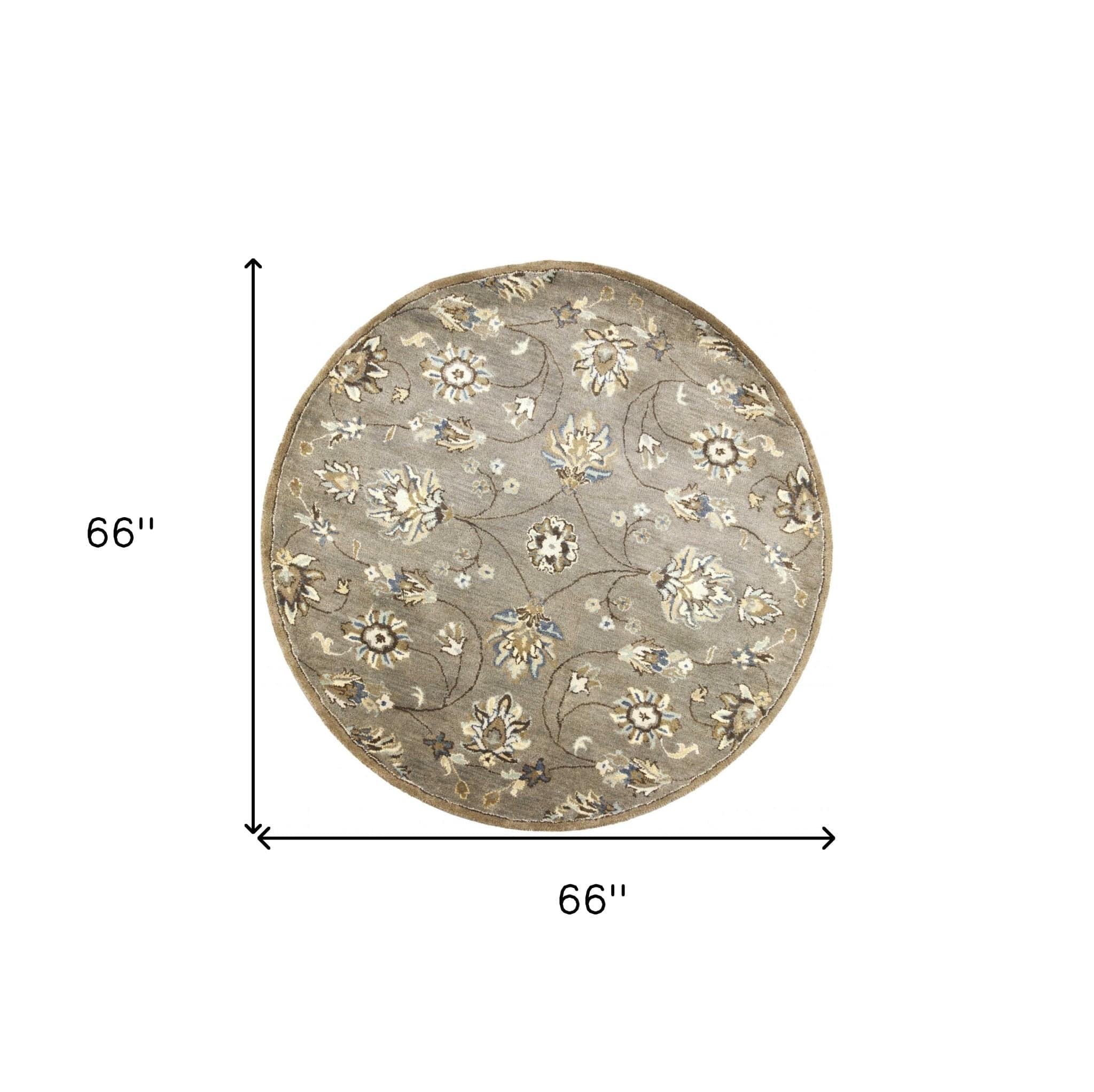 5' Round Grey Floral Vine Wool Indoor Area Rug - Homeroots