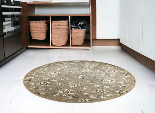 5' Round Grey Floral Vine Wool Indoor Area Rug - Homeroots