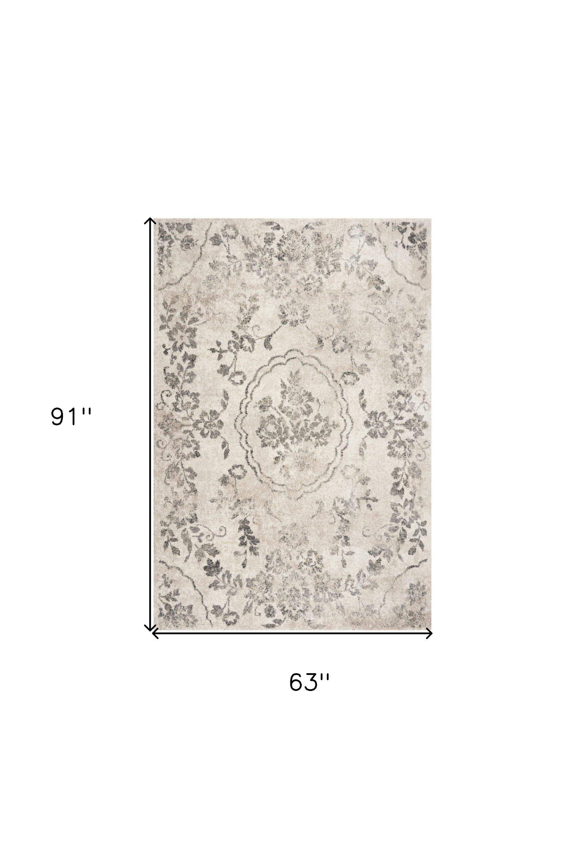 5' X 8' Grey Machine Woven Distressed Floral Medallion Indoor Area Rug - Homeroots - Flyclothing LLC