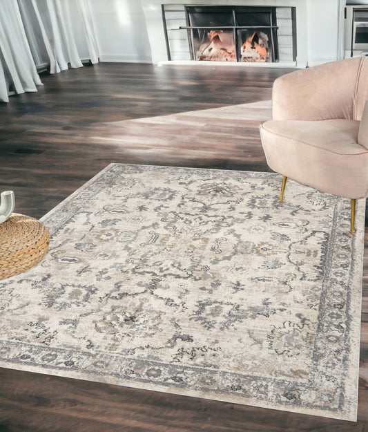 5' X 8' Ivory Machine Woven Distressed Floral Traditional Indoor Runner Rug - Homeroots