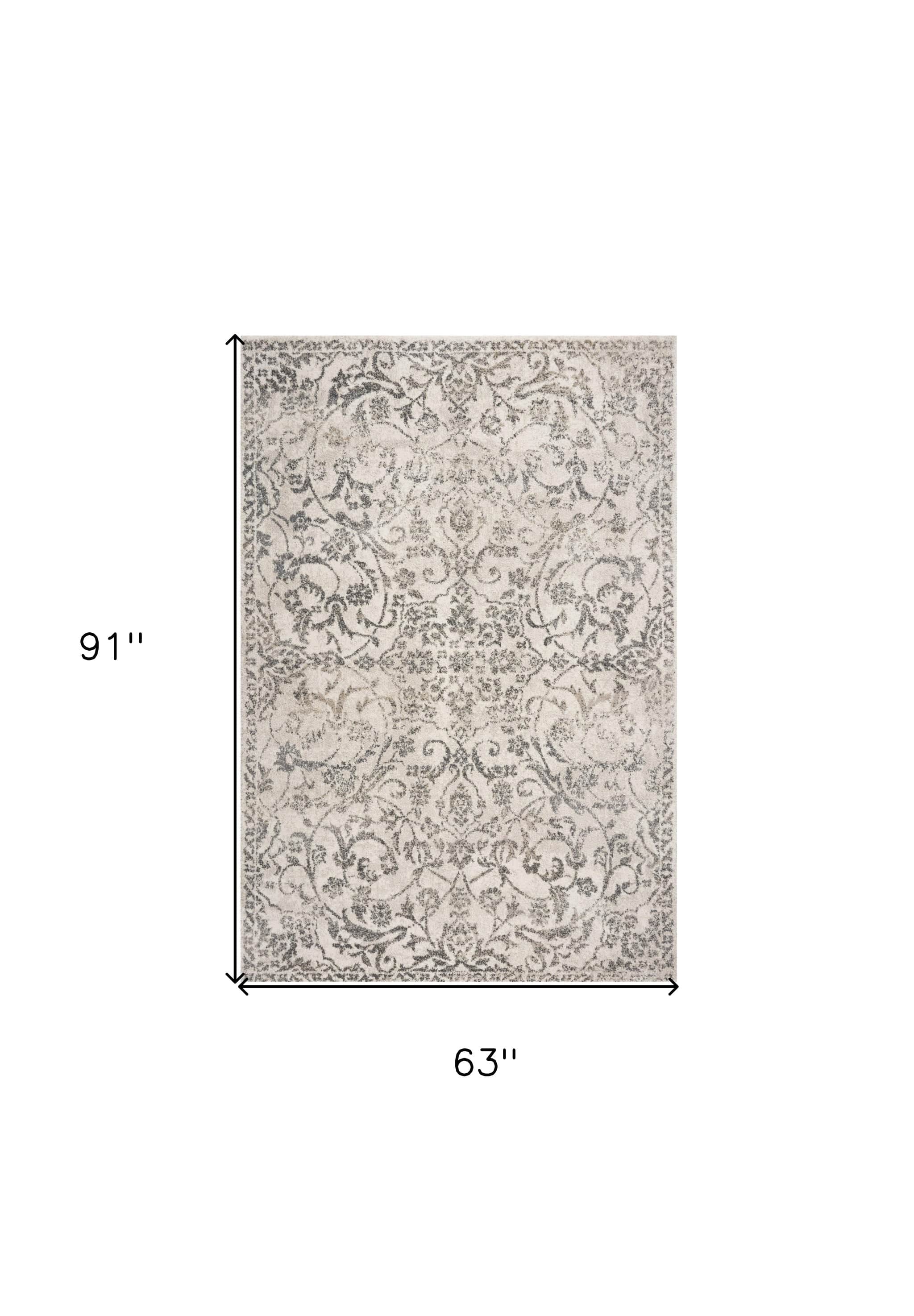 5' X 8' Ivory Machine Woven Distressed Traditional Floral Vines Indoor Area Rugg - Homeroots - Flyclothing LLC
