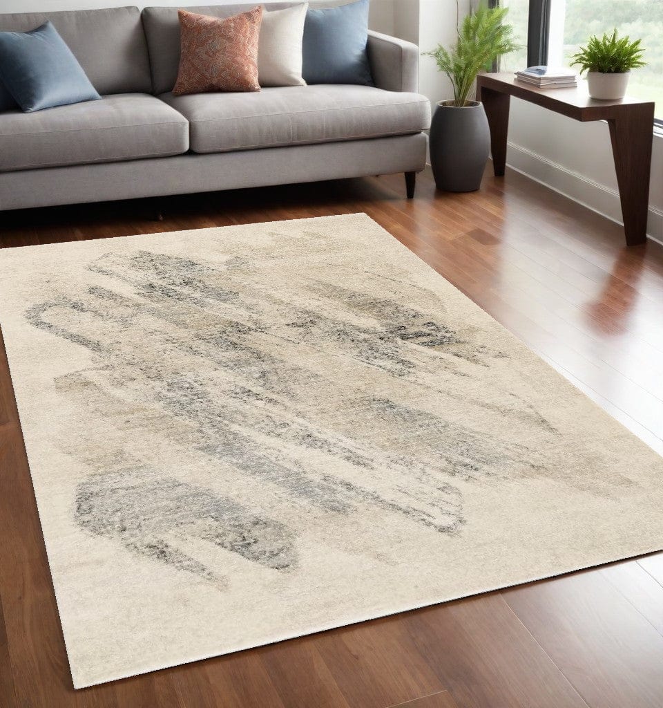 5' X 8' Ivory Grey Machine Woven Abstract Brushstrokes Indoor Area Rug - Homeroots