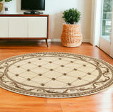 8' Ivory Machine Woven Hand Carved Fleur De Lis Round Indoor Area Rug - Homeroots
