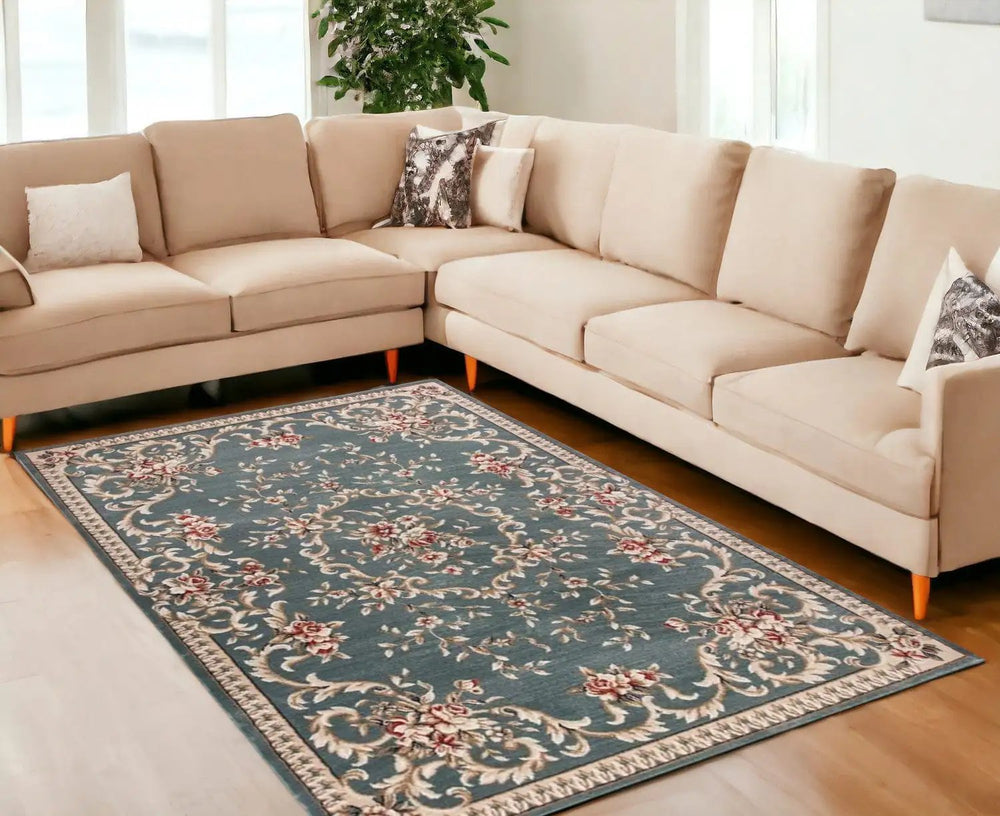 8' X 10' Slate Blue Floral Bordered Indoor Area Rug - Homeroots