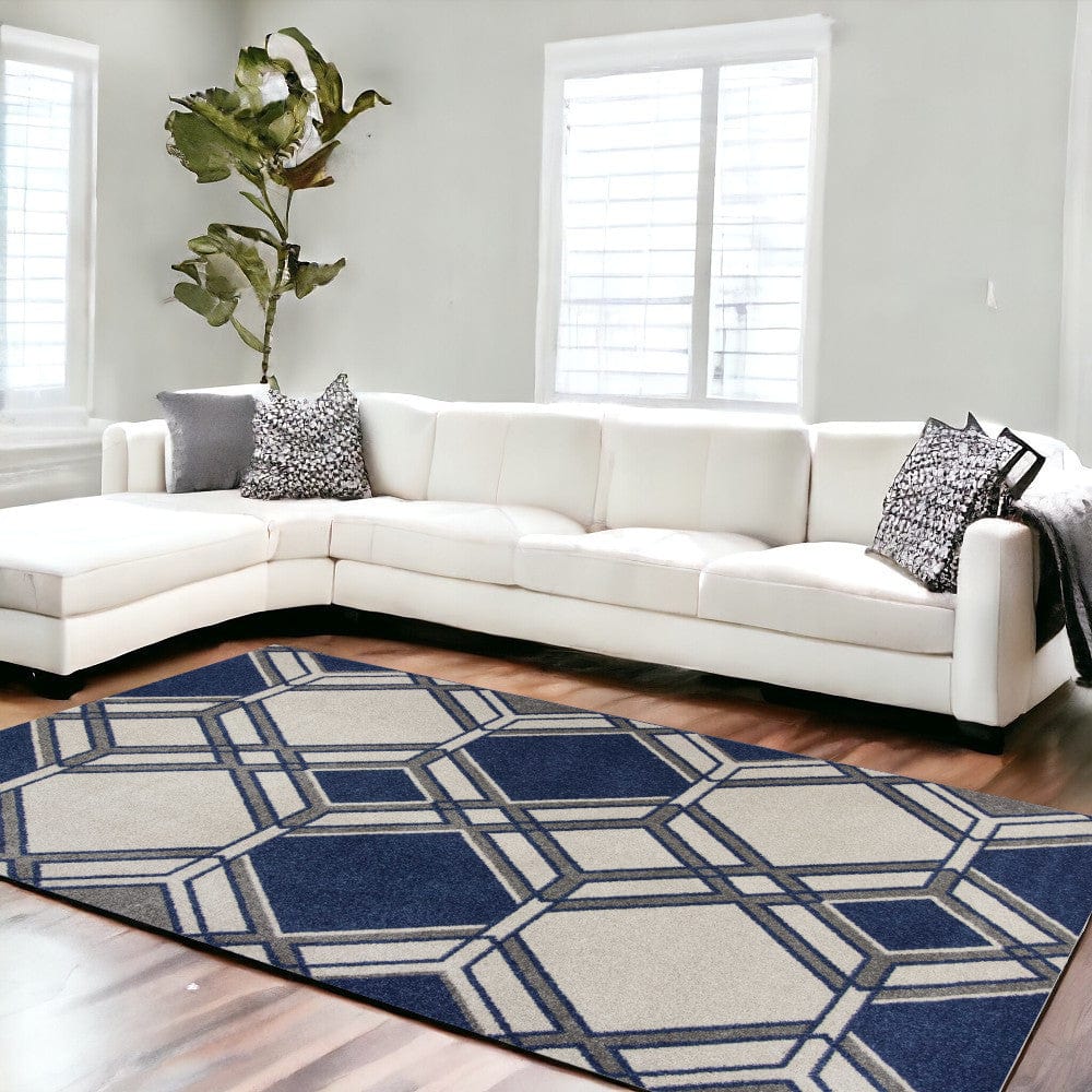 7' X 11' Ivory Or Denim Geometric Hexagon Uv Treated Indoor Area Rug - Homeroots