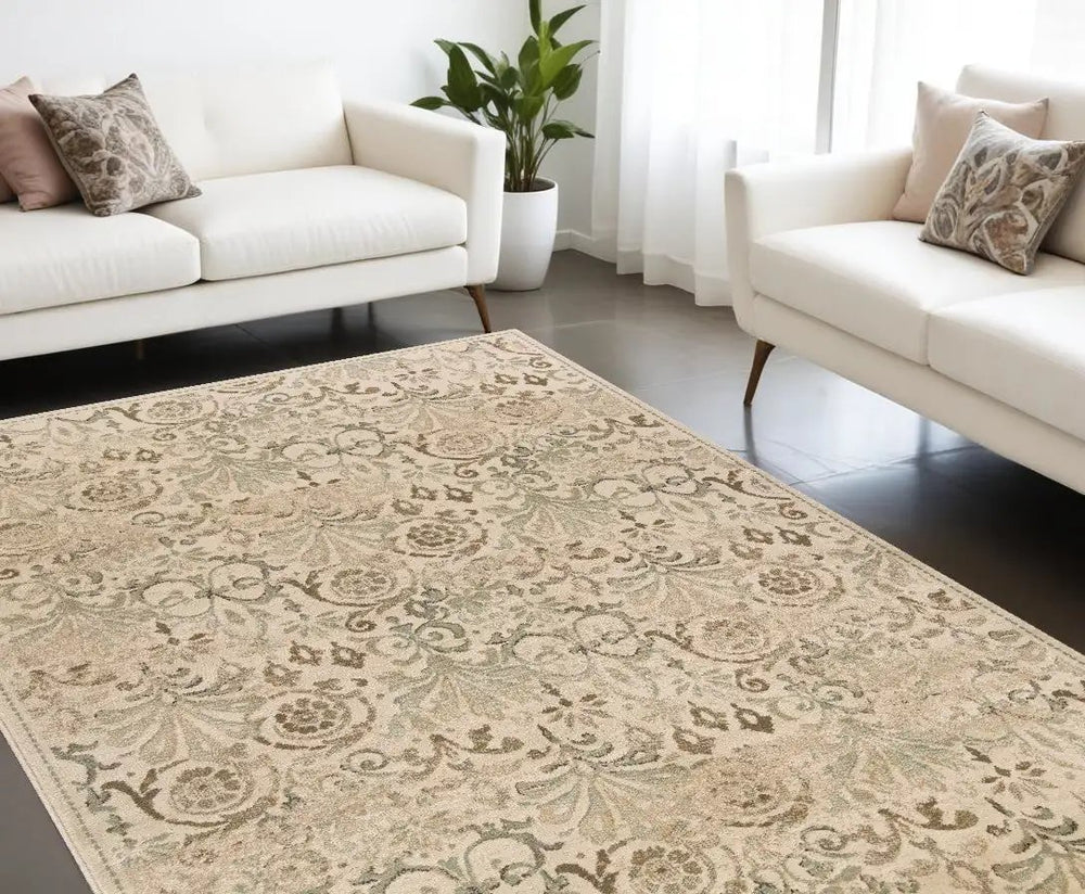 8' X 11' Ivory Machine Woven Floral Traditional Indoor Area Rug - Homeroots