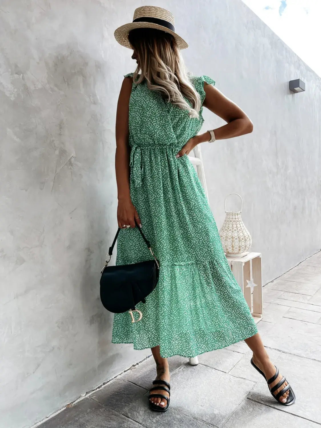 Ruffled Surplice Printed Cap Sleeve Dress - Trendsi - Flyclothing LLC