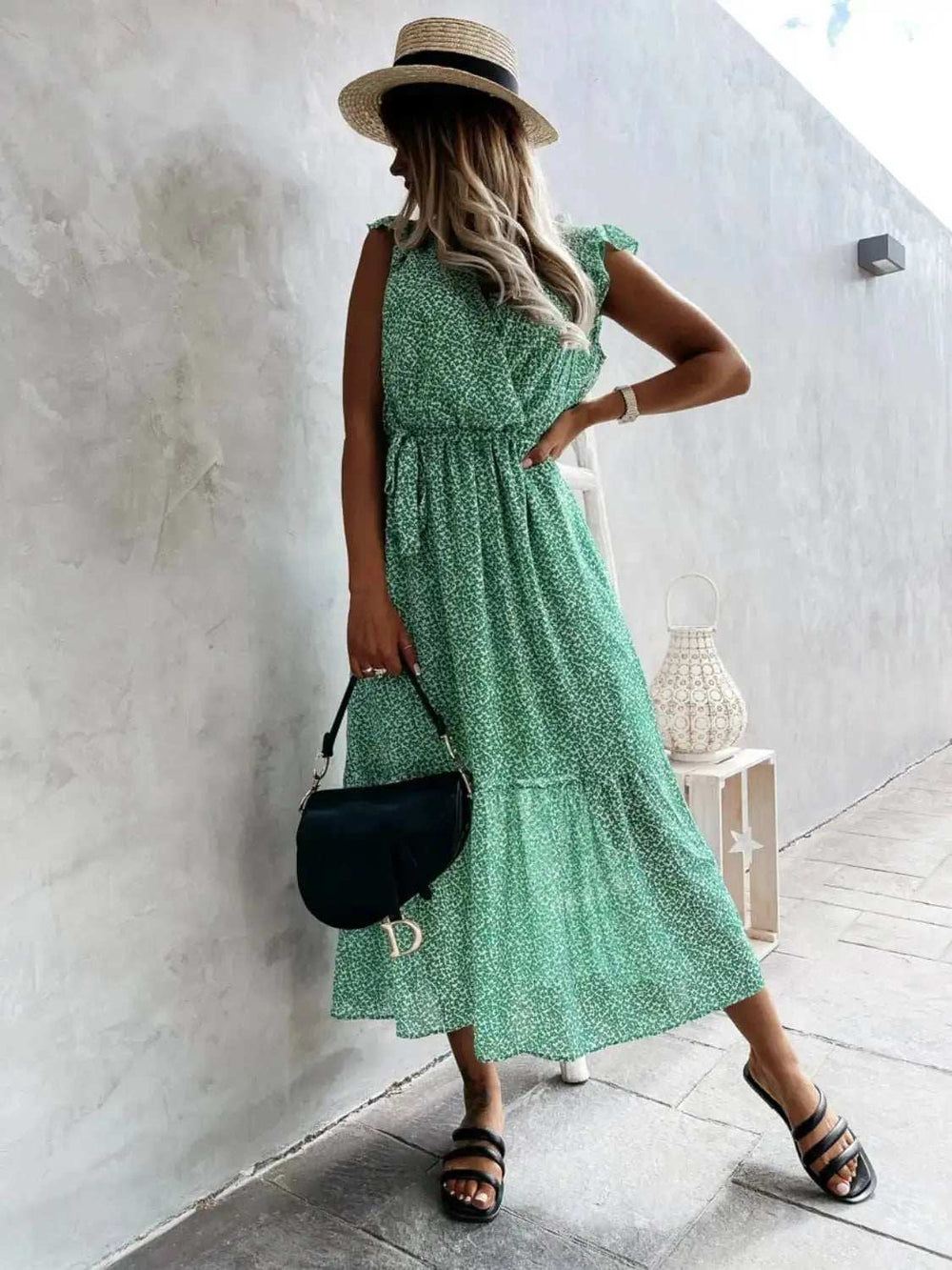 Ruffled Surplice Printed Cap Sleeve Dress - Trendsi - Flyclothing LLC