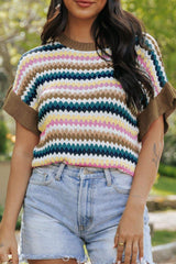 Contrast Round Neck Short Sleeve Sweater - Trendsi - Flyclothing LLC