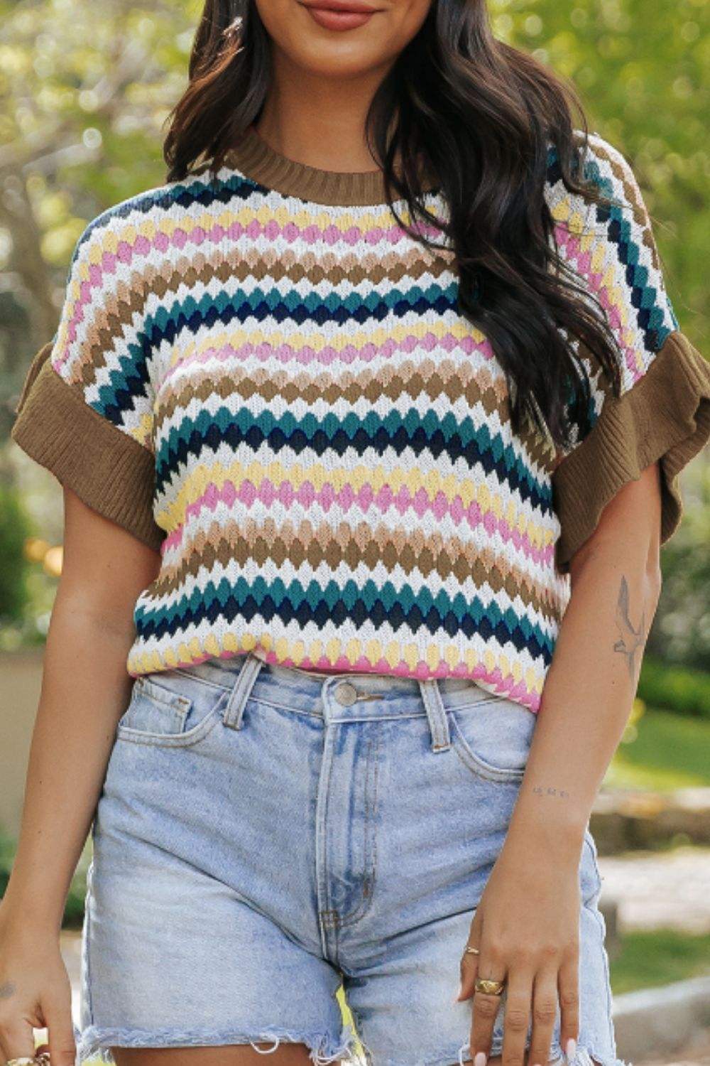 Contrast Round Neck Short Sleeve Sweater - Trendsi - Flyclothing LLC