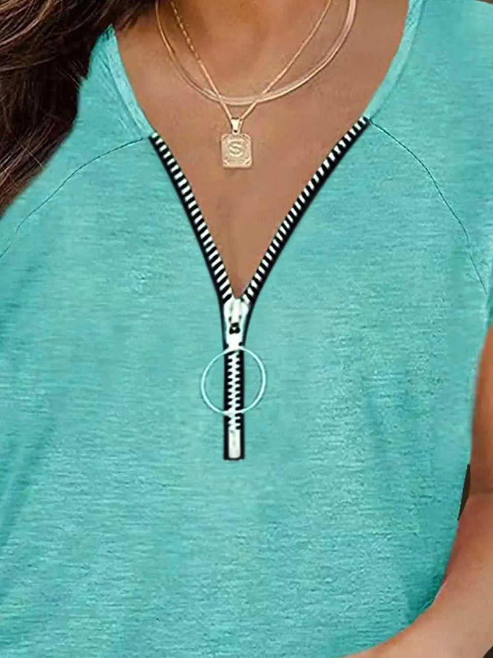 Full Size Half Zip Cap Sleeve T-Shirt - Trendsi - Flyclothing LLC