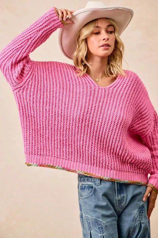 BiBi V-Neck Sweater with Colorful Trim - Trendsi - Flyclothing LLC