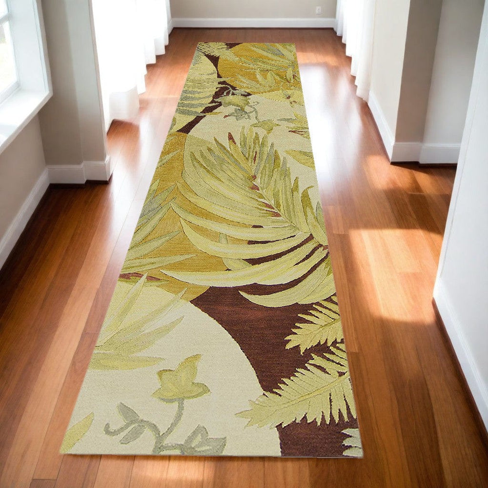 10' Coral Ivory Hand Tufted Tropical Plants Indoor Runner Rug - Homeroots