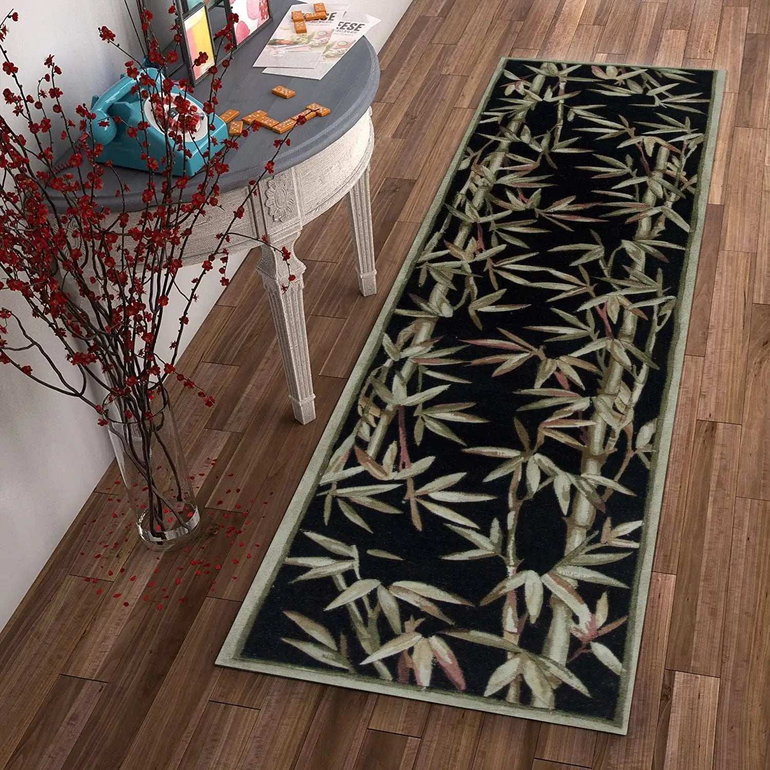 10' Black Hand Tufted Bordered Tropical Bamboo Indoor Runner Rug - Homeroots - Flyclothing LLC
