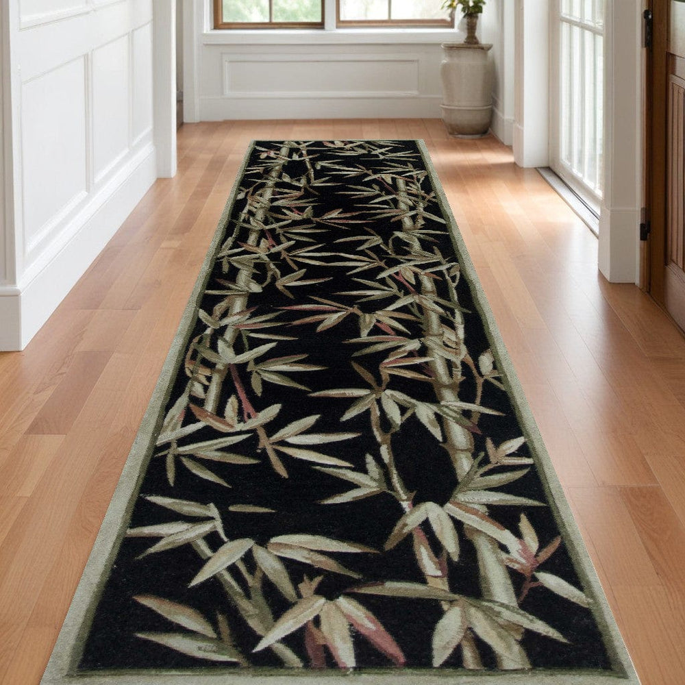 10' Black Hand Tufted Bordered Tropical Bamboo Indoor Runner Rug - Homeroots