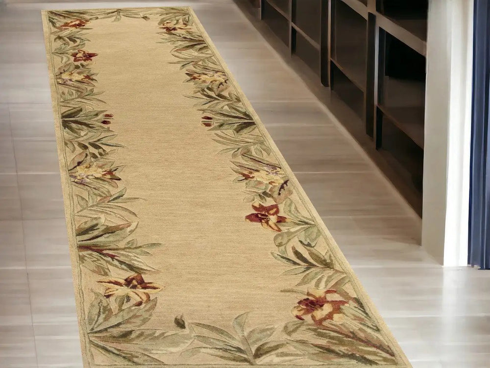 10' Ivory Hand Tufted Bordered Tropical Plants Indoor Runner Rug - Homeroots