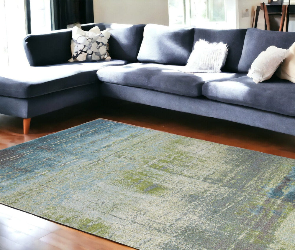 7' X 10' Blue Green Machine Woven Abstract Brushstroke Indoor Area Rug - Homeroots